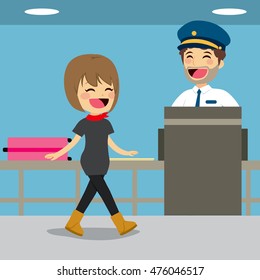 Girl on security check control while policeman is inspecting baggage with x-ray machine
