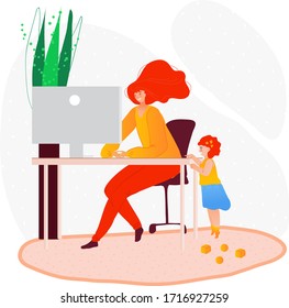 Girl on self-isolation during quarantine, vector illustration. In city flu virus fly between houses. Woman character work at laptop, fenced off from outside world. Coronovirus protection.