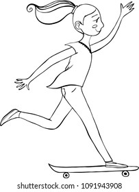 Girl on skate contour vector illustration people hand drawing