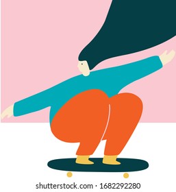 Girl on a skateboard abstract vector illustration. Flat people hand drawn. 