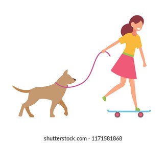 A girl on a skateboard carries a dog with her. Vector illustration in simple style on white isolated background.