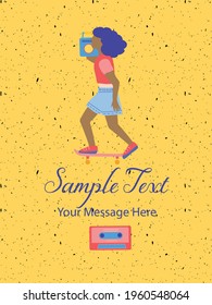 Girl on Skateboard with Music Box Vector Card Background