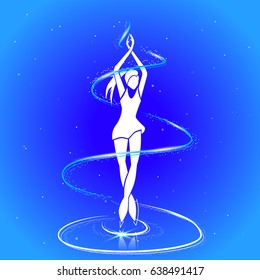 Girl on skates on a blue background. Figure skating.
Vector illustration.