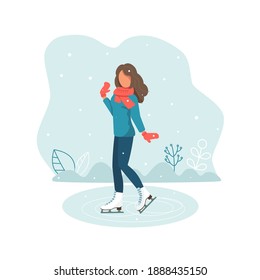 Girl on the skates on the ice during the winter. Young woman in beautiful posing on skates. Snowfall, winter. Cute vector illustration in flat style