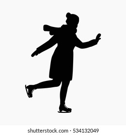 Girl on skates with scarf. The winter vacation. Vector silhouette.