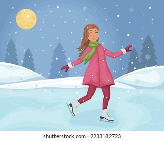 A girl on skates. Winter illustration with the image of a cute smiling girl skating. Figure skating on ice. Winter landscape with moon and snow-covered forest. Vector