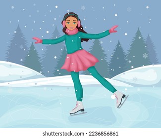 A girl on skates. Winter illustration with the image of a cute smiling girl skating. Figure skating on ice. Winter landscape with moon and snow-covered forest. Vector