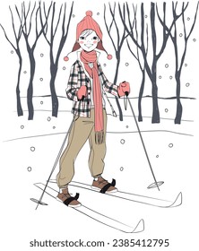 Girl on skis. Winter theme.