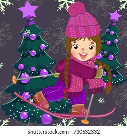 Girl on skis on the xmas background. Winter vector seamless pattern.