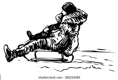 Girl on a sled - hand drawn vector illustration, isolated on white