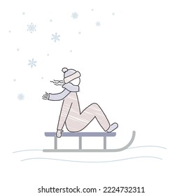 girl on sleigh, winter activities, sledding, pencil drawn style sketch, vector illustration