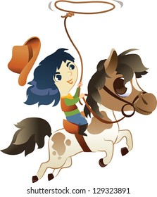 Girl on Small Horse with lasso: Vector Illustration