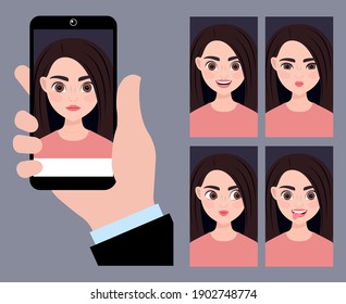 girl on the smartphone screen. vector illustration. female cartoon character, different emotions: sad, gloomy, funny, mischievous, mysterious.
