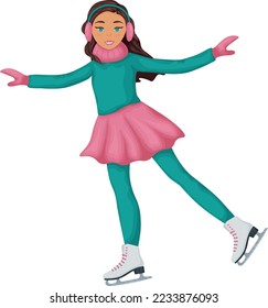 A girl on snow skates. A cute girl is skating on winter skates. Figure skating. Vector illustration isolated on a white background