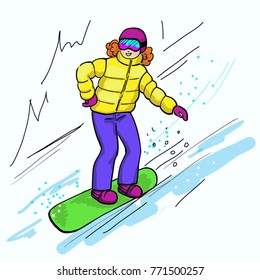 girl on snowboard descending from the mountain, cartoon vector illustration