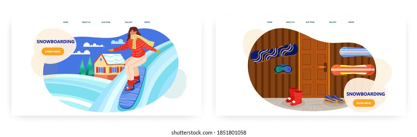 Girl on snowboard enjoys her winter holiday on mountain ski resort. Winter sport vector concept illustration. Snowboard equipment and store. Web site design template
