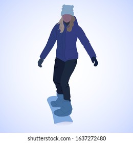 Girl on a snowboard goes down. Vector illustration.