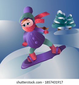 girl on a snowboard in the mountains among the Christmas trees