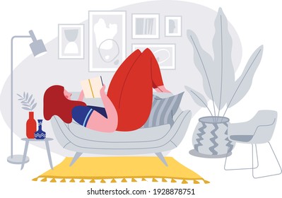 Girl on sofa in a room with plants reading a book and having rest or recreation. Young woman reads a book on couch at cosy home. The girl sitting on the sofa, reading a book and resting. Female daily 