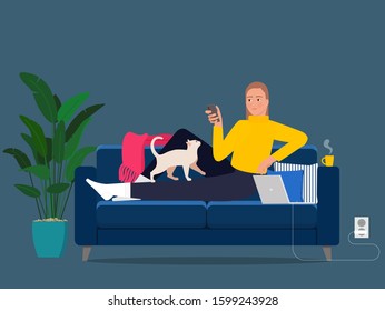 A girl on the sofa with a smartphone and a cat on her lap and a laptop on the sofa.