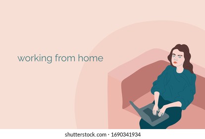 
Girl on the sofa who works on a laptop. with the inscription on the side working from home. In pastel dirty pink colors with a cold accent in clothes. Minimalistic hand-drawn style.