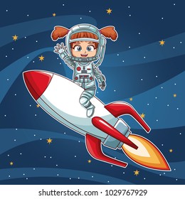 Girl on space with rocket cartoon