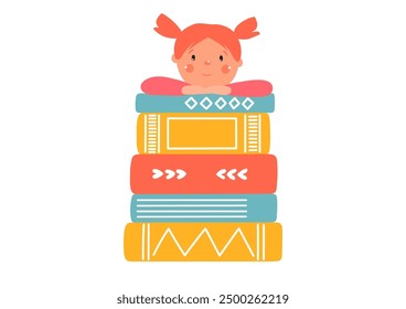 Girl on stack of books. Reading, literature, education concept.