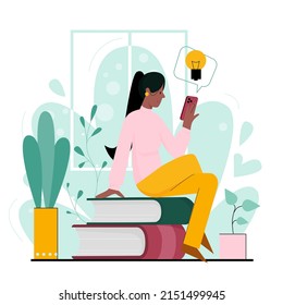 Girl on stack books using phone for online education. Distance learning and digital school lessons flat vector illustration