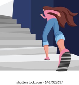 the girl on the stairs. the woman goes to the exit. a woman climbs up the stairs