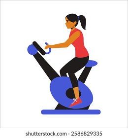 girl on a stationary bicycle, demonstrating a steady cycling motion with proper posture and controlled pedaling. The animation highlights lower body endurance, cardiovascular training