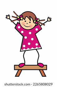 Girl on a stool, character, hand up, cute vector illustration, cartoon