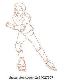 Girl on the street skates with inline skates and helmet