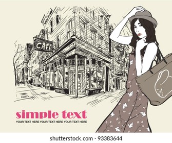 Girl on a street-cafe background. Vector illustrator. Place for your text.