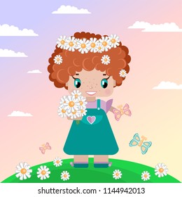 girl on a summer lawn, with red curly hair, in a wreath of daisies, with a bouquet, butterflies in a green meadow against a sky with clouds