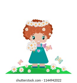 girl on a summer lawn, with red curly hair, in a wreath of daisies, with a bouquet, butterflies in a green meadow