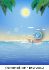 Girl on summertime party on the tropical paradise beach. Palms and plants around. Seaside vacation vector. Travel concept.