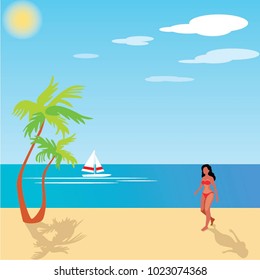 Girl on a sunny beach with a palm tree. A poster with summer rest. Yacht with a sail on the sea and clouds on the blue sky. Vector illustration

