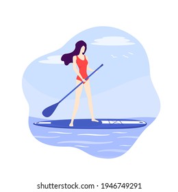 Girl on a sup board with paddle, vector