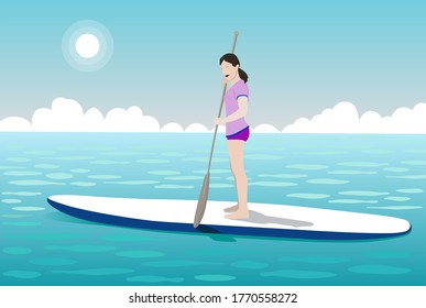 Niña en tablas de surf en el mar. Ilustración plana vectorial.