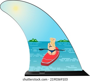 Girl On SUP At He Ocean Looking At Islands In Shape Of Surf Fin T-shirt Design