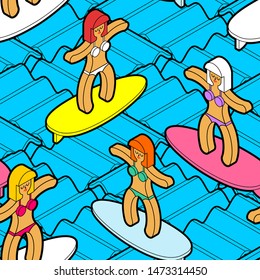 Girl on surfboard on wave pattern seamless. vector texture