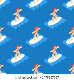 Girl on surfboard on wave pattern seamless. Woman Surfer background. vector texture