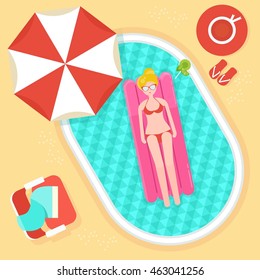 Girl on swimming mattress in poolside. Template for advertising price tags, menus, booklets, leaflets. Summer image. Cartoon flat vector illustration. Objects isolated on background.