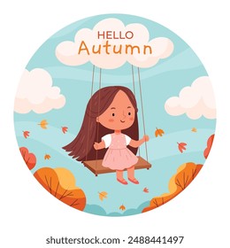 Una niña en un columpio entre árboles de otoño. Otoño card.Funny niño femenino jugando al aire libre entre las hojas de otoño. Niño feliz de la historieta, ocio de la actividad de los niños. Ilustración vectorial dibujada a mano, diseño plano.