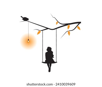 Girl on a swing on branch with light bulb, vector. Girl silhouette on a swing on branch in autumn. Wall decals isolated on white background, art design, drawing artwork. Cute wall art, artwork