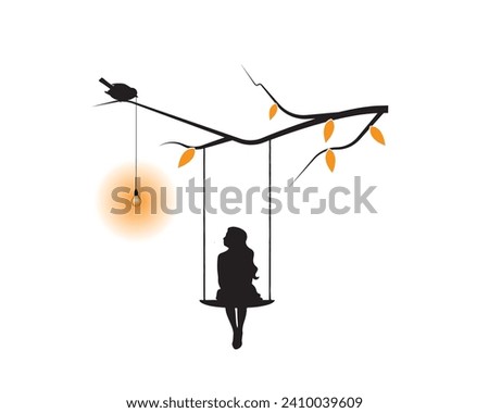 Girl on a swing on branch with light bulb, vector. Girl silhouette on a swing on branch in autumn. Wall decals isolated on white background, art design, drawing artwork. Cute wall art, artwork