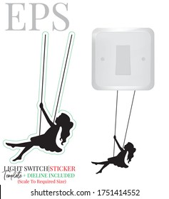 Girl on a swing on a branch, vector. Light switch sticker. Girl silhouette on swing. Wall decals isolated on white background, art design, artwork. Black and white art design