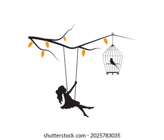 Girl on a swing on branch, vector. Girl silhouette on swing on branch and bird cage. Wall decals isolated on white background, art design, artwork. Black and white art design. Cute wall art, artwork