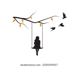 Girl on a swing on branch, vector. Girl silhouette on a swing on branch and flying birds silhouettes. Wall decals isolated on white background, art design, drawing artwork. Cute wall art, artwork