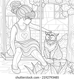 
A girl on a swing and a cat.Coloring book antistress for children and adults. Illustration isolated on white background.Zen-tangle style. Hand draw